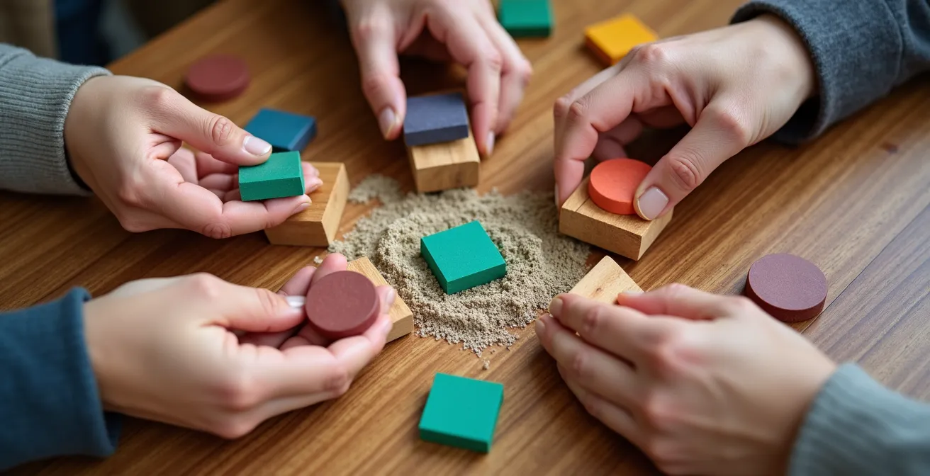 Nahaufnahme von Händen, die flexible Arbeitsmaterialien auf einem Holztisch arrangieren