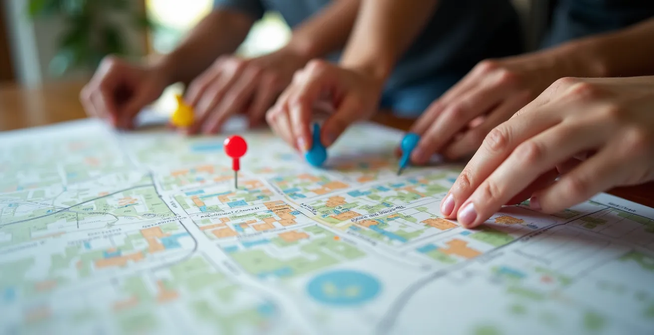 Nahaufnahme von Händen, die gemeinsam eine Stadtteilkarte mit bunten Markierungen bearbeiten