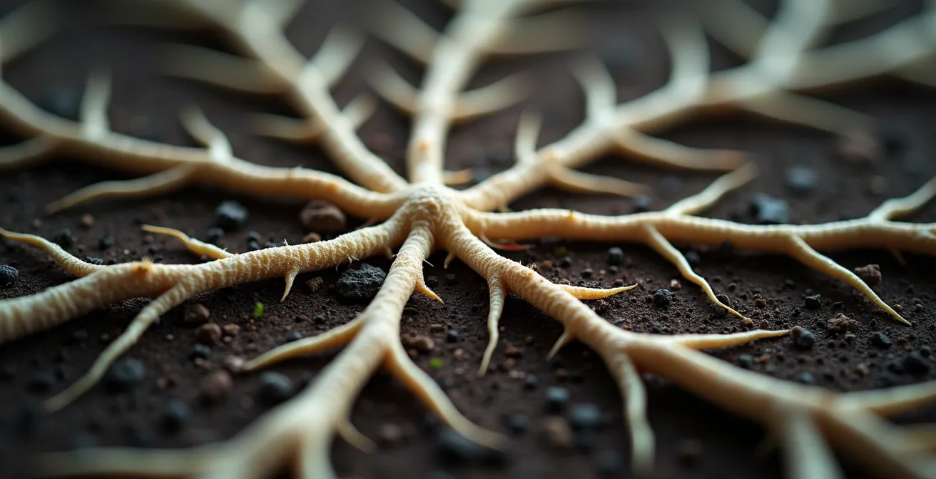 Makroaufnahme verzweigter Netzwerkstrukturen mit mehreren Knotenpunkten, die dezentrale Resilienz symbolisieren