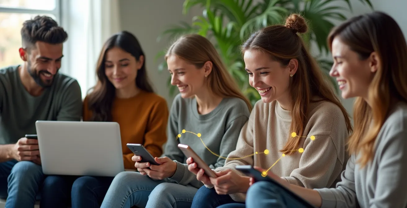 Diverse Gruppe von Menschen verschiedenen Alters vor Laptops und Tablets in einem hellen Raum, verbunden durch leuchtende Netzwerklinien