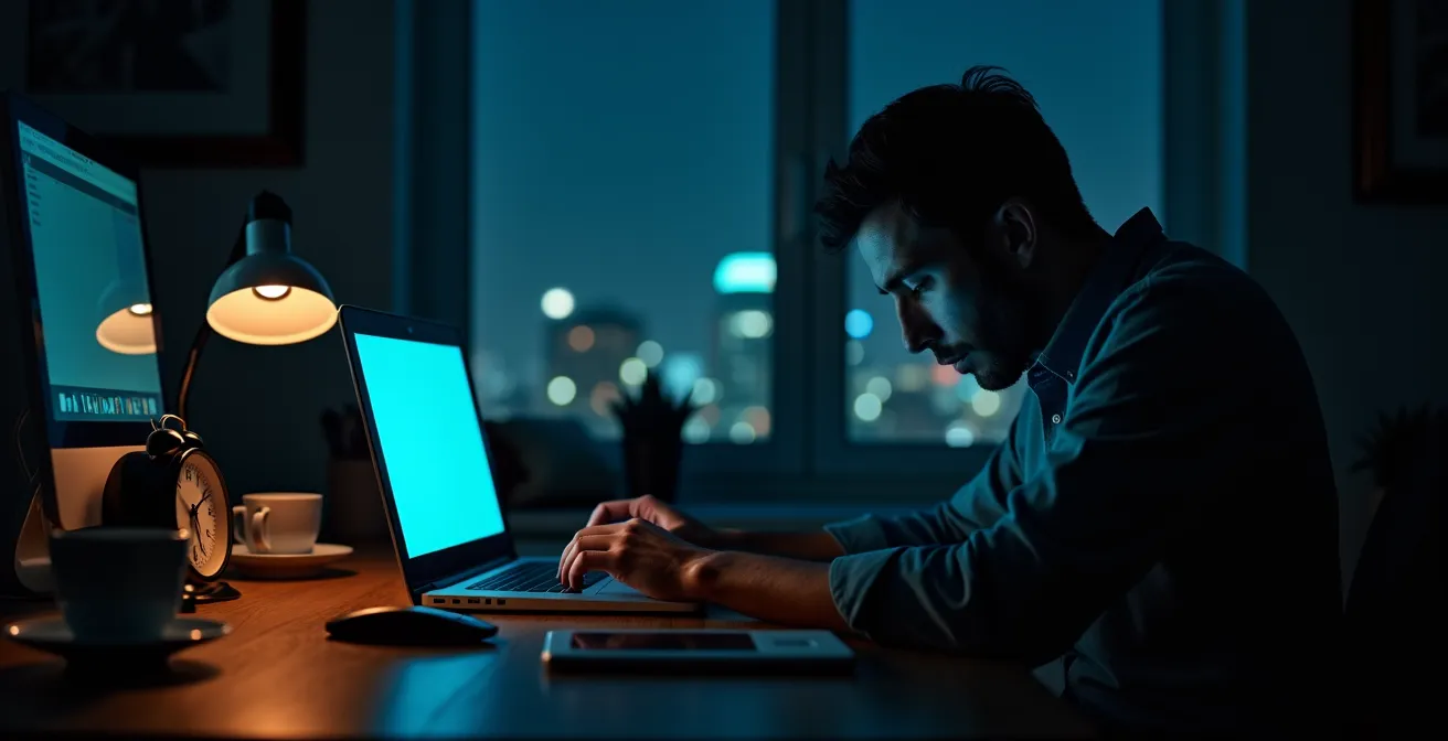 Remote-Arbeiter spätabends am Schreibtisch mit mehreren Geräten