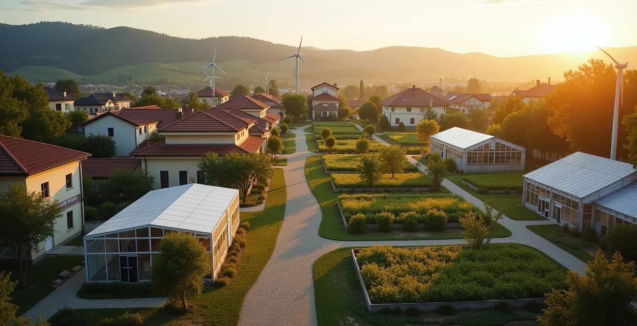 Luftaufnahme einer integrierten Gemeinde mit Solaranlagen und lokalen Lebensmittelgärten