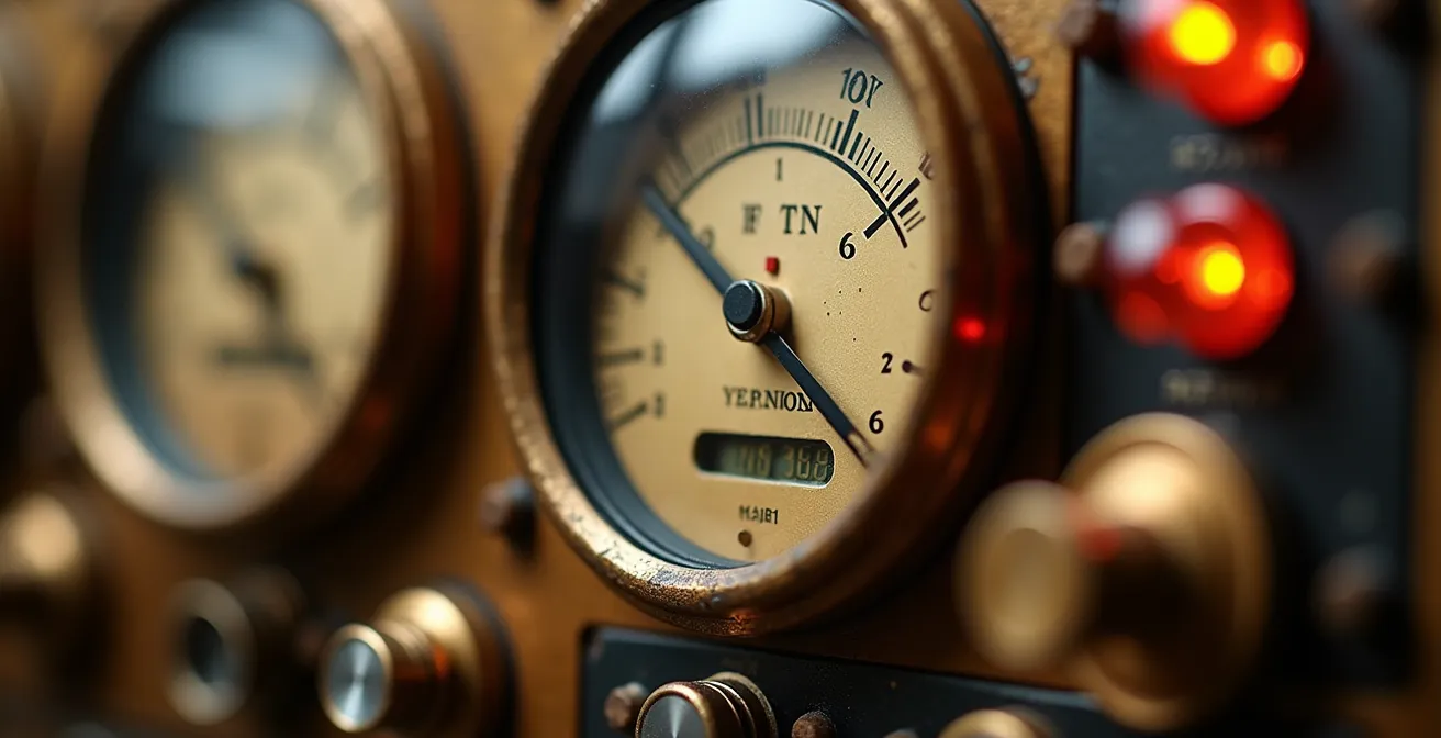 Dashboard zur Früherkennung von Währungskrisen mit mehreren analogen Messgeräten, die verschiedene Risikostufen anzeigen.