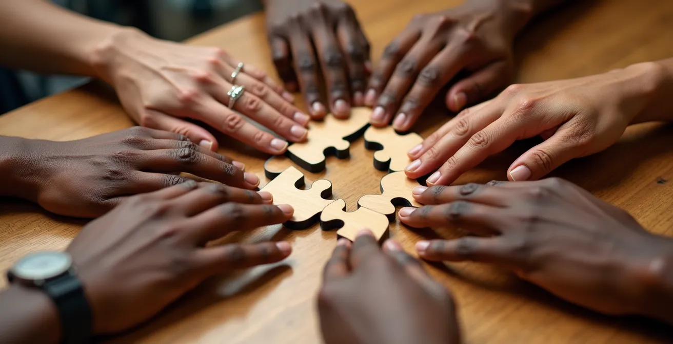 Nahaufnahme verschiedener Hände die zusammen ein komplexes Puzzle vervollständigen