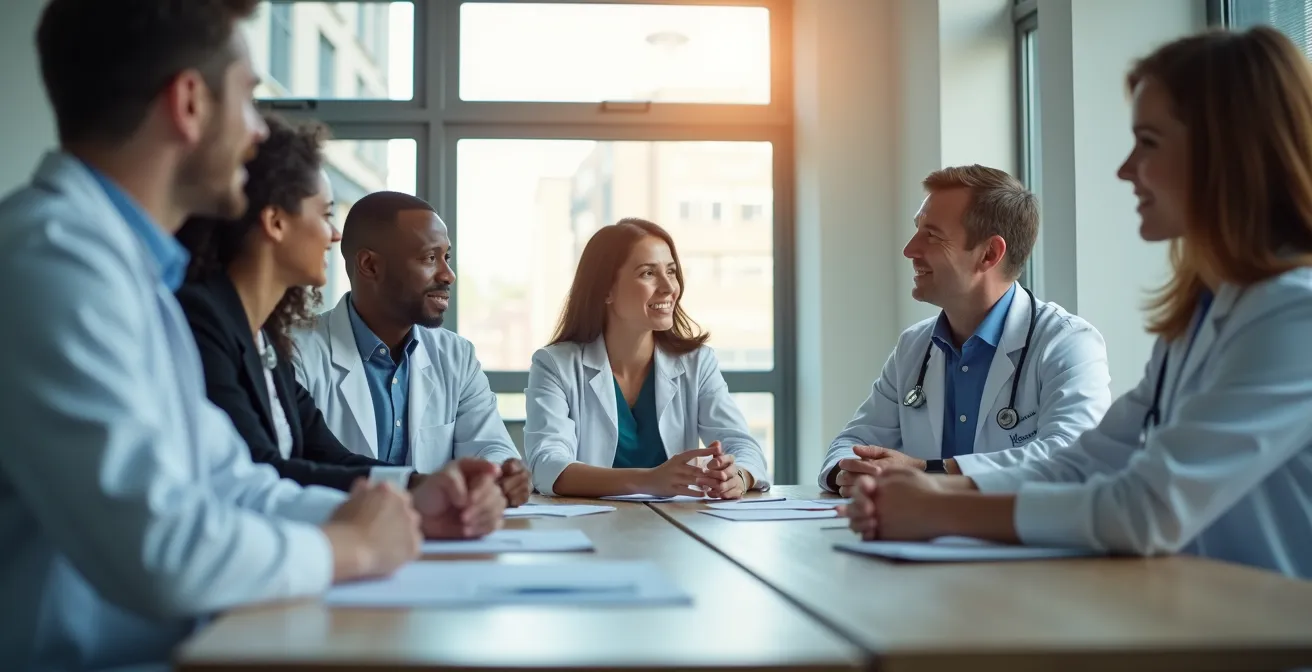 Interdisziplinäres Genomic Board Team bei der Fallbesprechung im modernen Konferenzraum