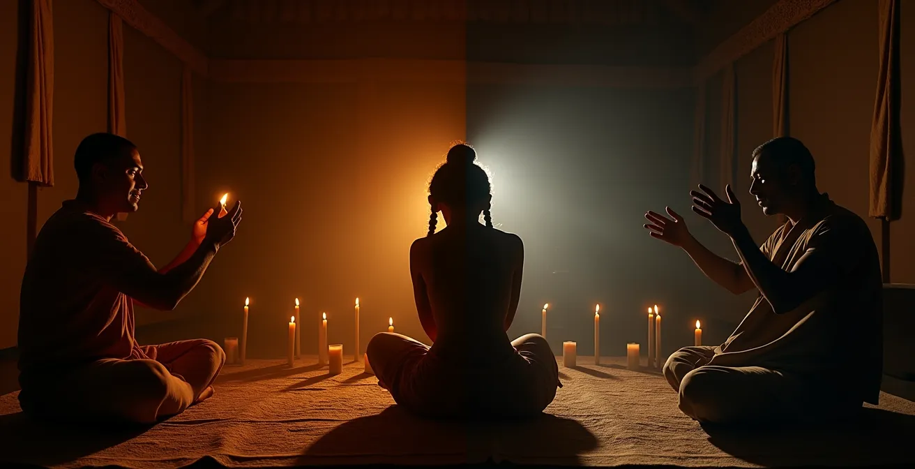 Eine Kamera verändert ein traditionelles Ritual durch ihre bloße Anwesenheit und symbolisiert den Beobachtereffekt.