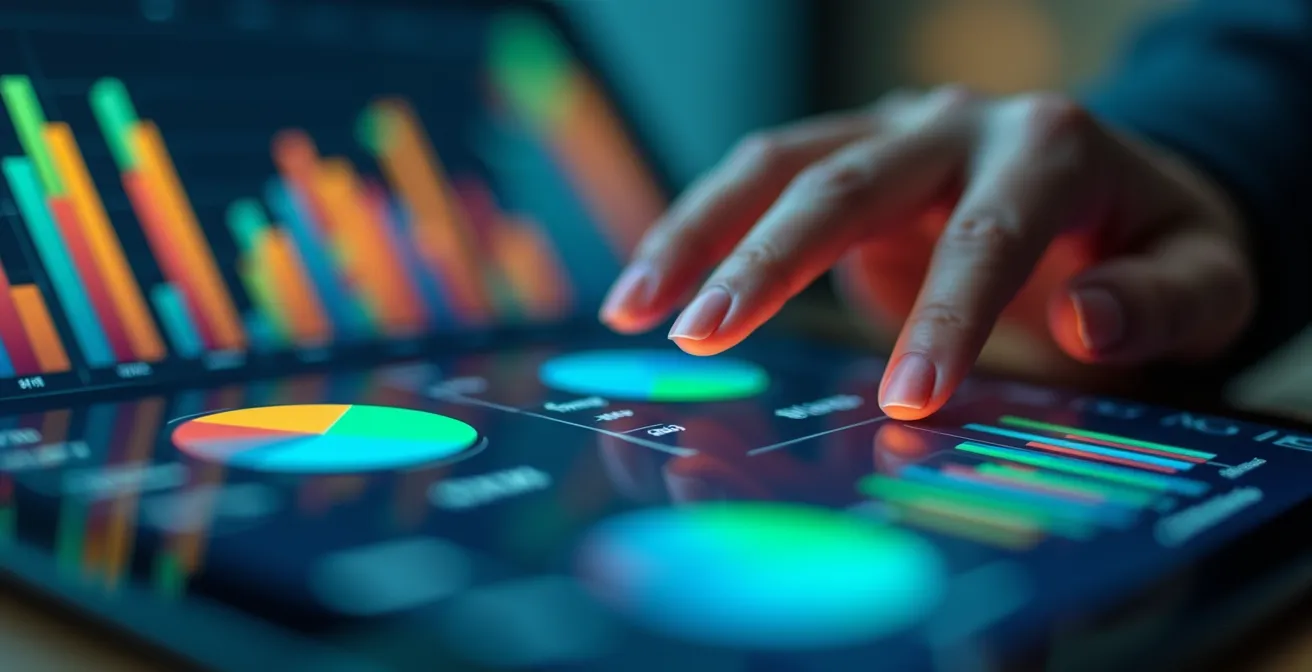 Makroaufnahme von Händen, die bunte Statistik-Diagramme auf einem Tablet analysieren
