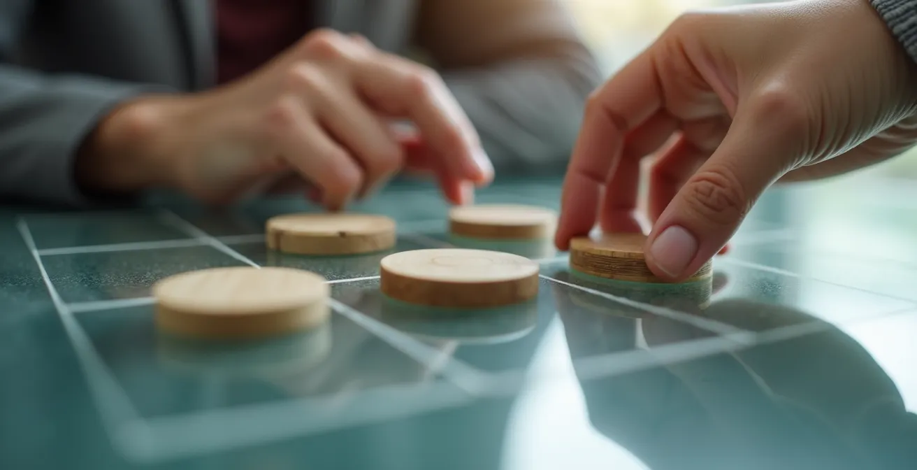 Makroaufnahme zeigt Hände bei der Erstellung einer Impact-Matrix auf Glasboard