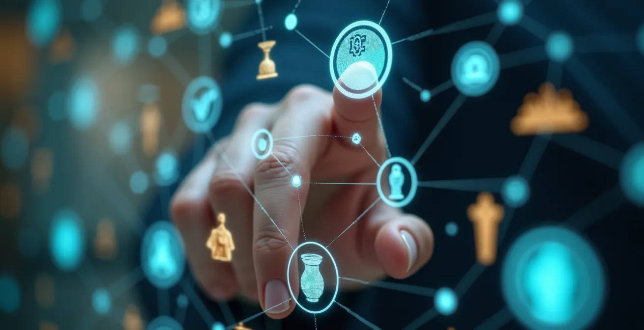 Hand berührt digitalen Touchscreen mit schwebenden Kunstwerken in einer virtuellen Galerie