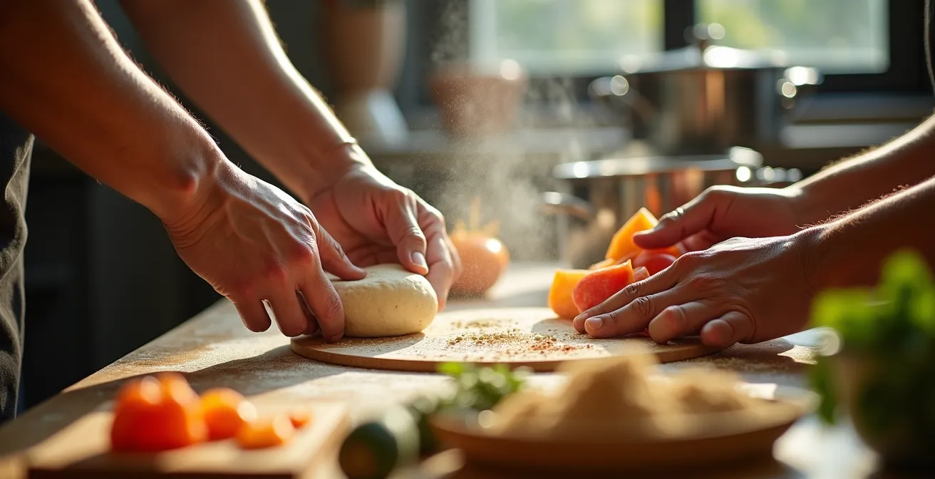 Menschen verschiedener kultureller Hintergründe bereiten gemeinsam Gerichte in einer offenen Küche zu