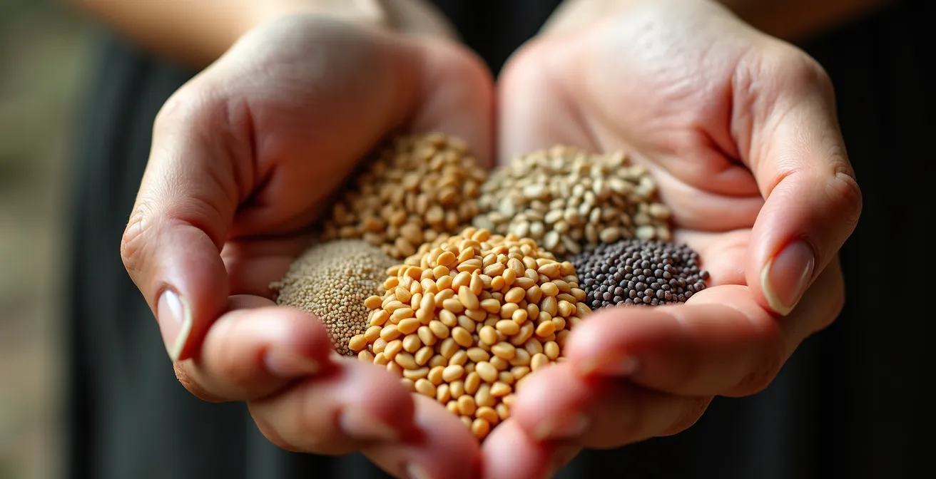 Nahaufnahme verschiedener Pflanzensamen in offenen Händen