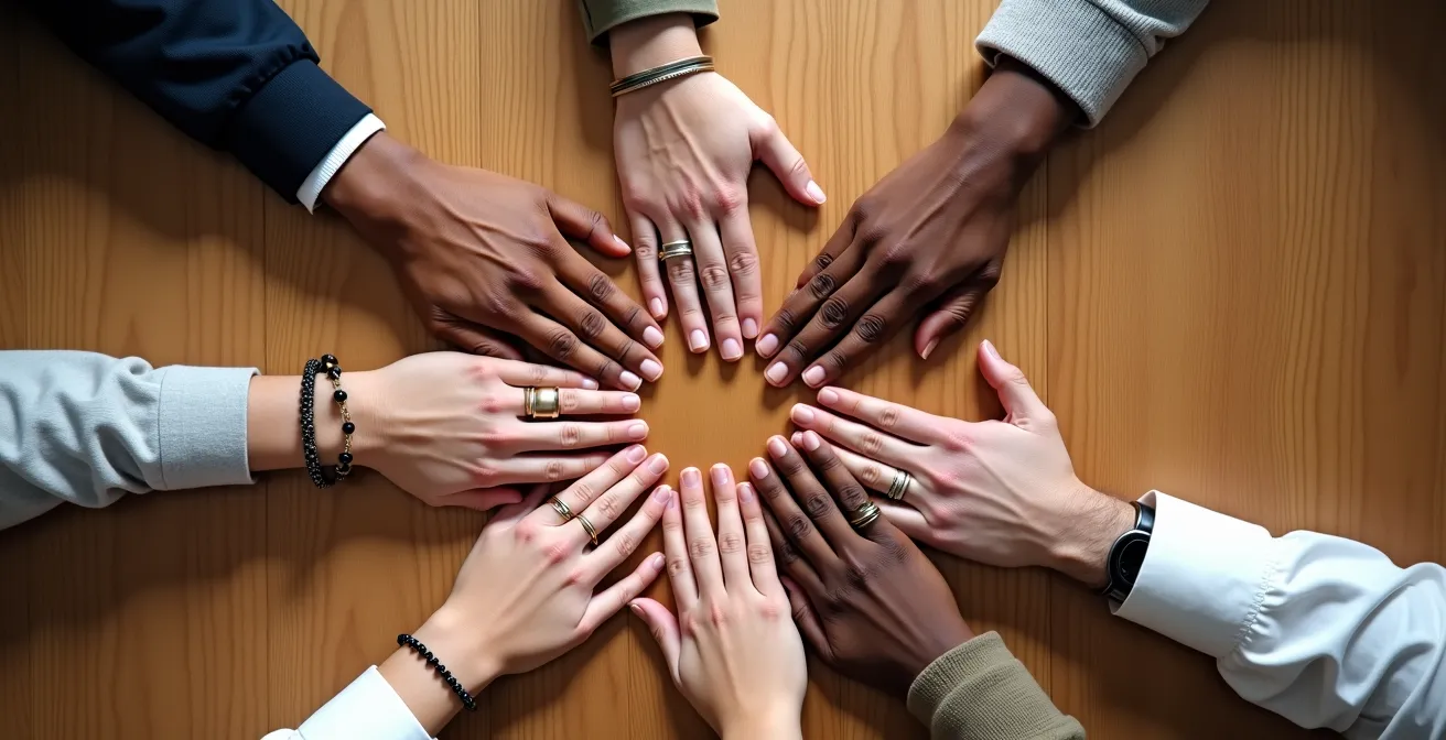 Verschiedene Hände formen gemeinsam einen Kreis auf einem Holztisch