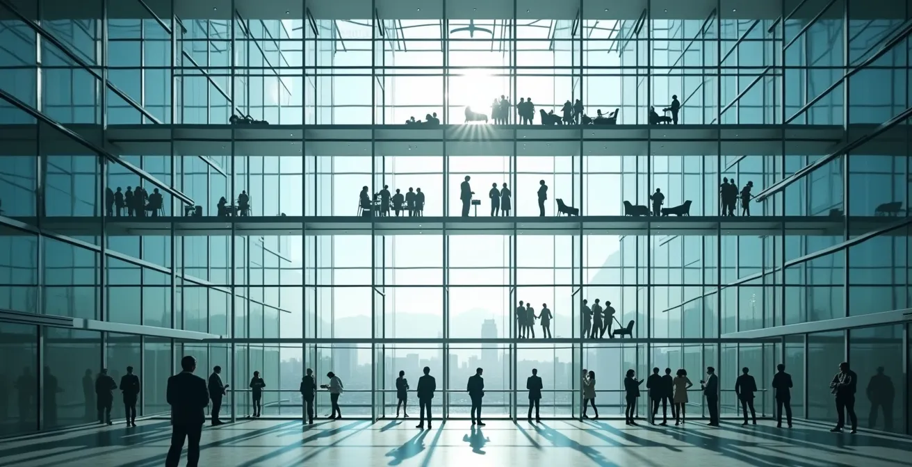 Mehrschichtiges KI-Governance-Modell visualisiert als architektonische Ebenen