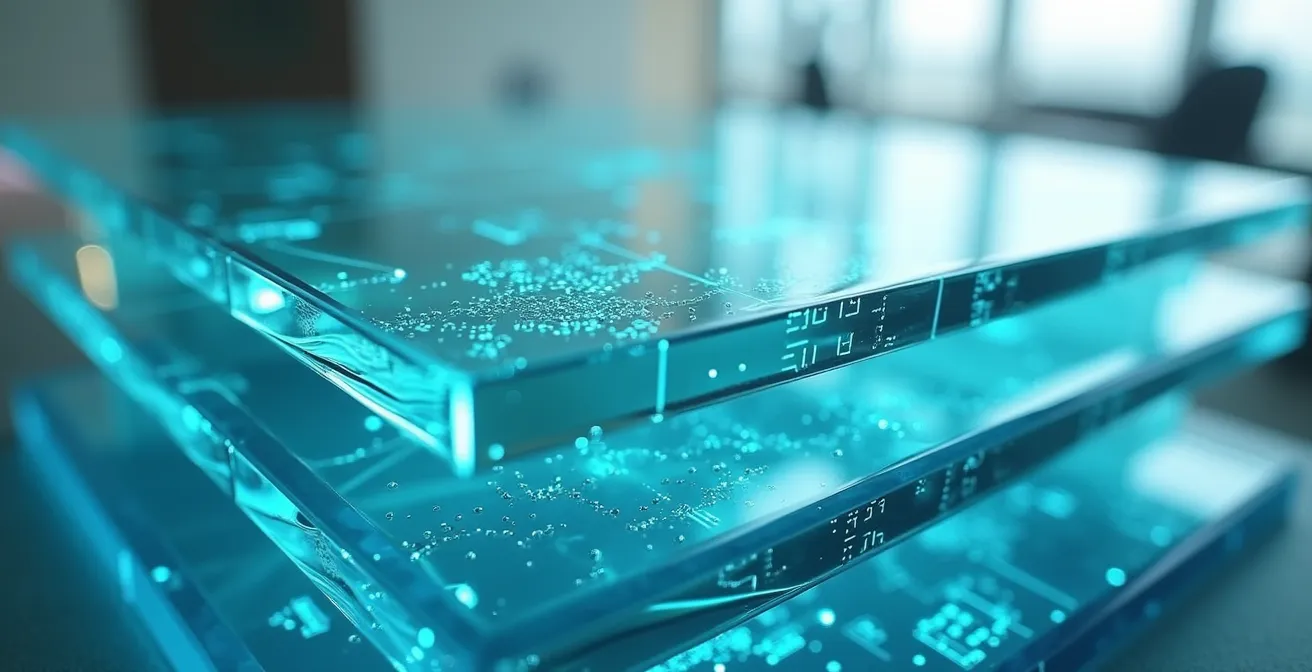 Abstrakte Darstellung von fünf übereinanderliegenden transparenten Ebenen eines KI-Governance-Systems