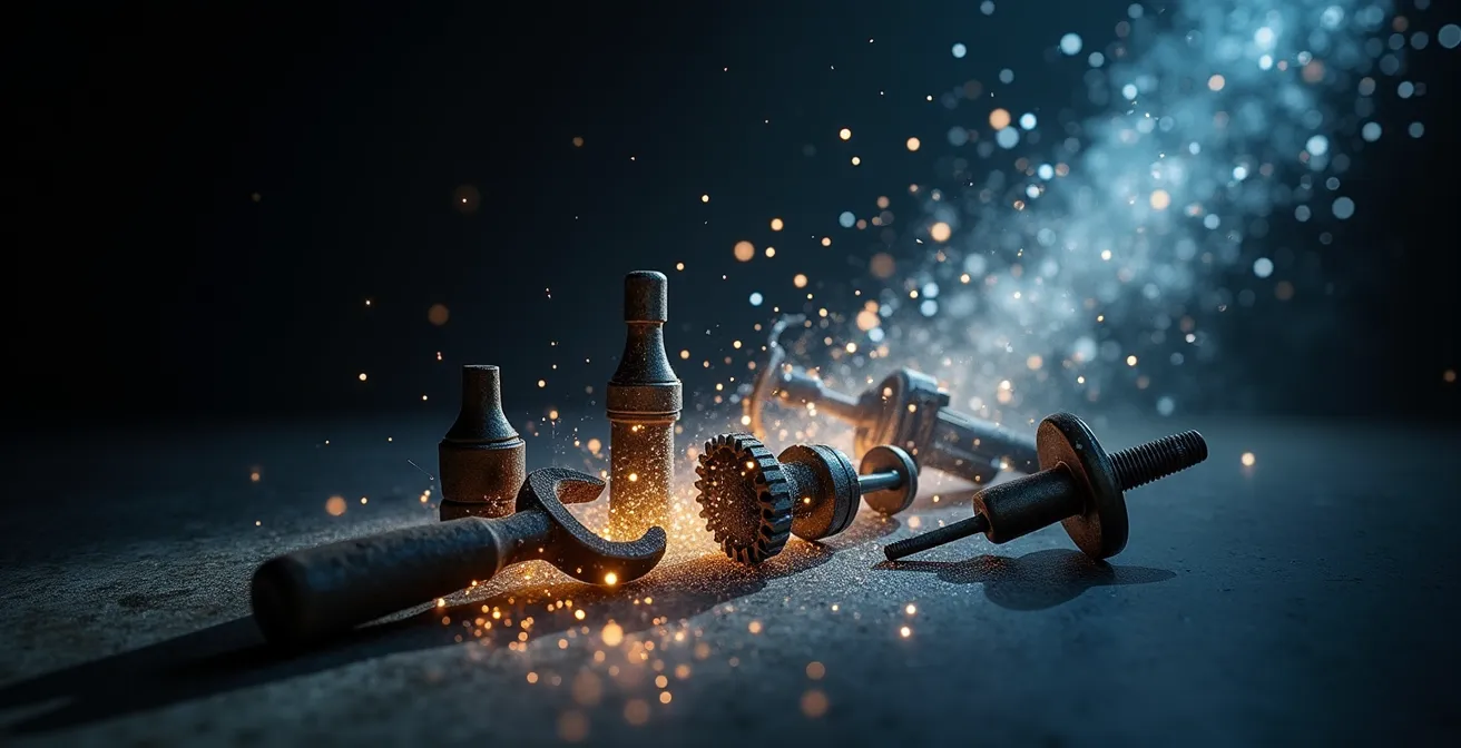 Abstrakte Darstellung des exponentiellen Verfalls von Fähigkeiten durch symbolische Elemente