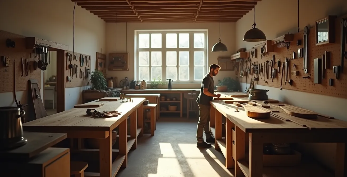 Handwerkliche Herstellung traditioneller Musikinstrumente in moderner Werkstatt