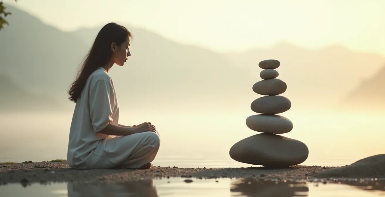 Weitwinkelaufnahme einer Person beim Jonglieren verschiedener symbolischer Objekte in ruhiger Umgebung