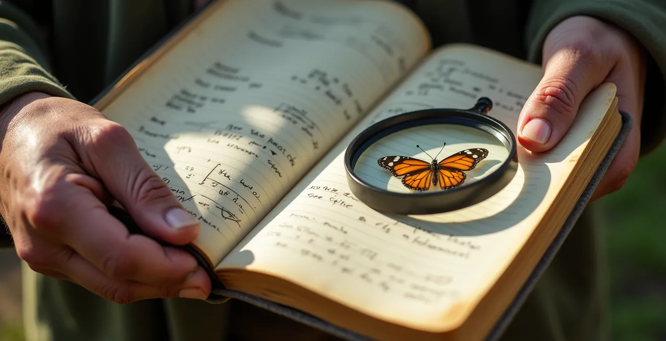 Nahaufnahme einer Hand mit Erfassungsbogen und Bestimmungslupe bei der Artenerfassung