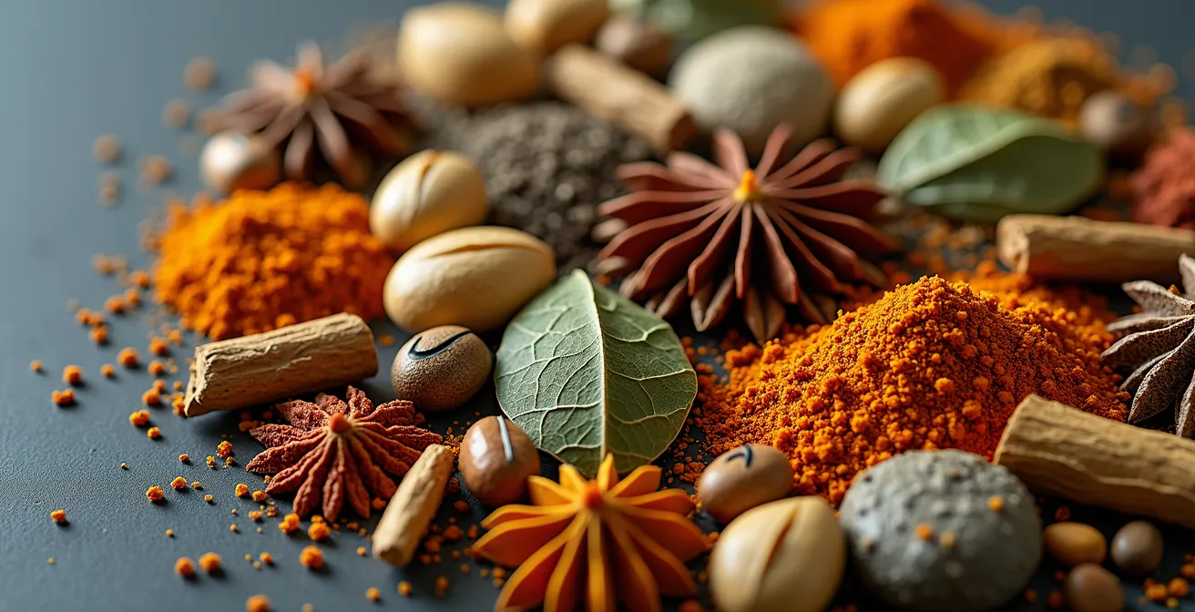 Makroaufnahme traditioneller Heilkräuter, die reiche Texturen und Düfte andeuten, um die multisensorische Dimension von Wissen zu zeigen.