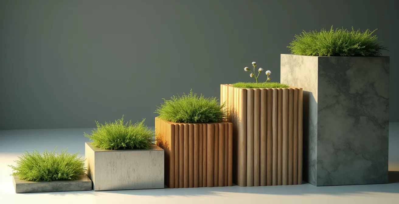 Abstrakte Darstellung von fünf aufsteigenden Stufen aus nachhaltigem Material