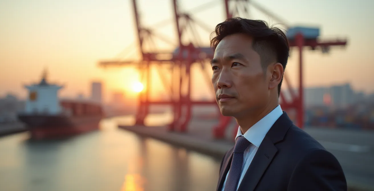 Ein asiatischer Geschäftsmann blickt zuversichtlich auf eine moderne Hafenanlage mit Containerschiffen im Hintergrund, was die neuen Handels- und Investmentkorridore symbolisiert.