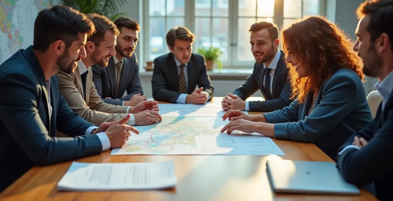 Krisenstabsteam bei der Ausarbeitung eines Notfallplans an einem großen Tisch
