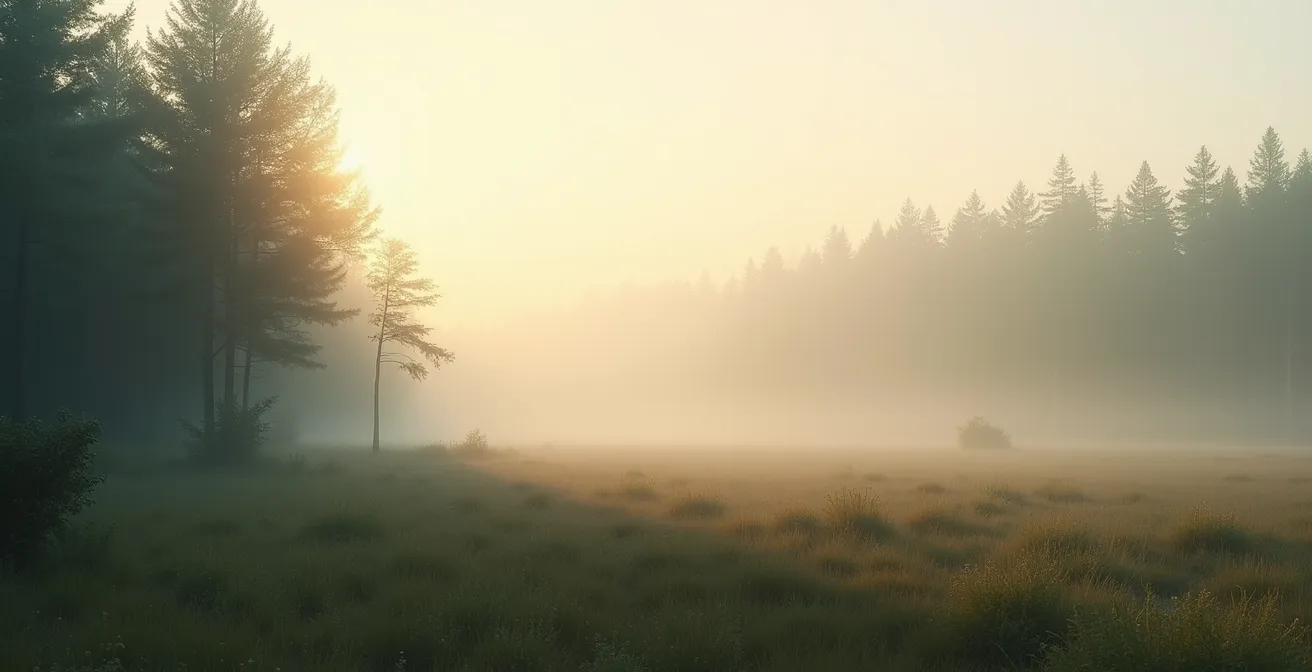 Weitwinkelaufnahme eines vielfältigen Waldrandbereichs mit Übergang zu Blumenwiese