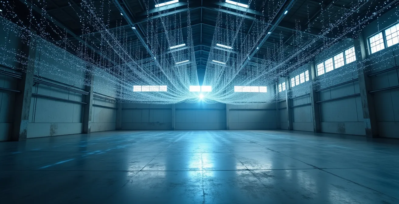 Weitwinkelaufnahme eines abstrakten Netzwerks aus Glasfasern