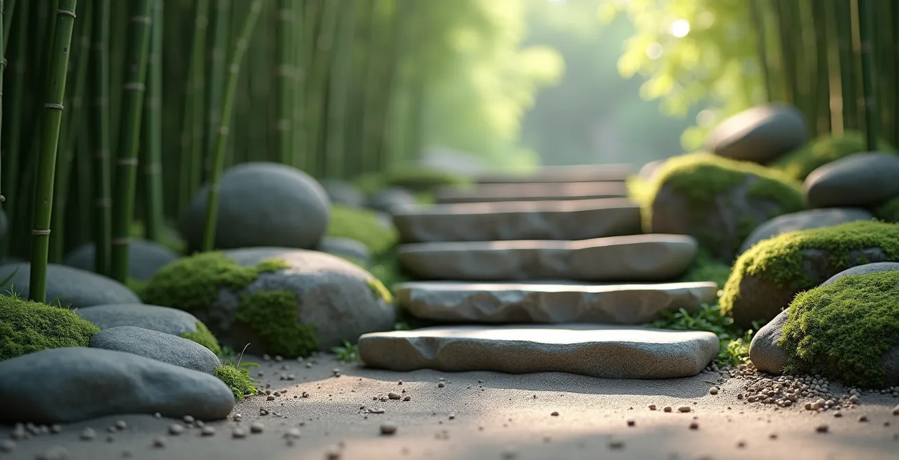 Visualisierung eines strukturierten Präventionsprogramms mit verbundenen Elementen, die aufsteigende Stufen darstellen