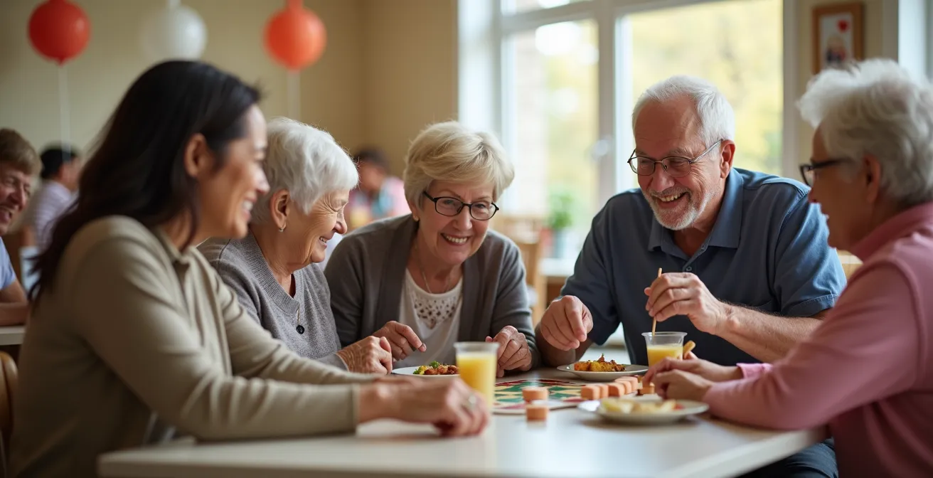 Menschen verschiedenen Alters in einem offenen Gemeinschaftsraum bei gemeinsamen Aktivitäten
