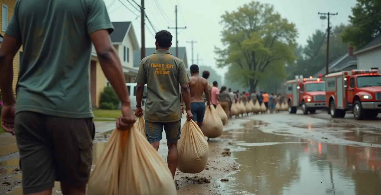 Nachbarn verschiedener Hintergründe arbeiten gemeinsam bei Aufräumarbeiten nach einem lokalen Hochwasser