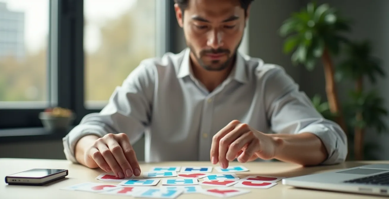 Visualisierung der T-Shaped-Skills-Strategie, bei der eine Person Kompetenzkarten auf einem Schreibtisch in T-Form anordnet.