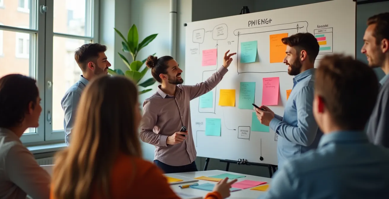 Diverse Mitarbeitergruppe arbeitet kollaborativ an einem großen Wandboard