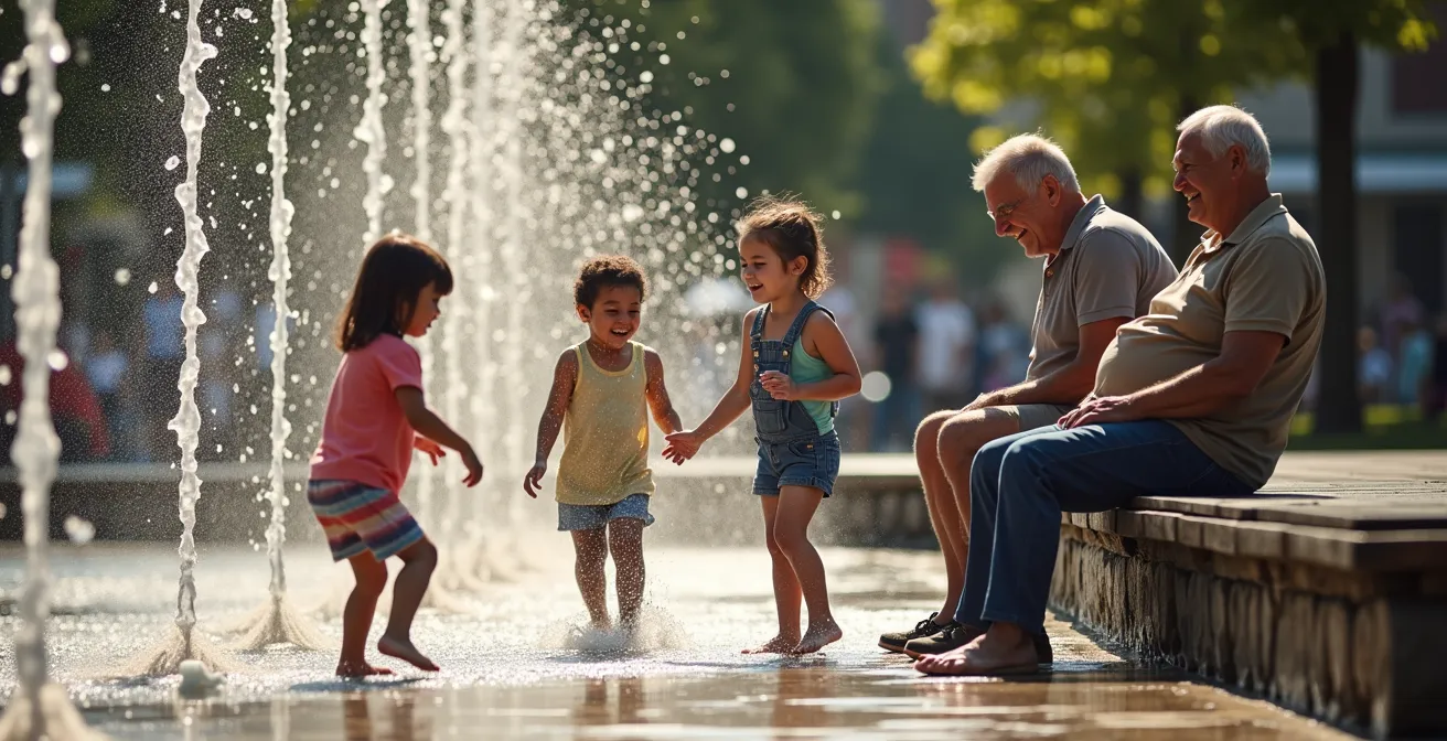 Menschen unterschiedlichen Alters versammeln sich um ein interaktives Wasserspiel auf einem Stadtplatz