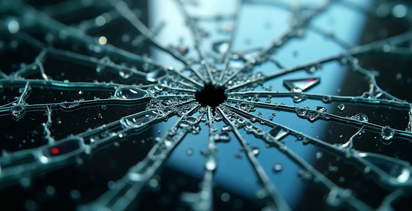 Metaphorische Darstellung der versteckten Kosten bei Frustentscheidungen als zersplittertes Glas mit feinen Rissen.