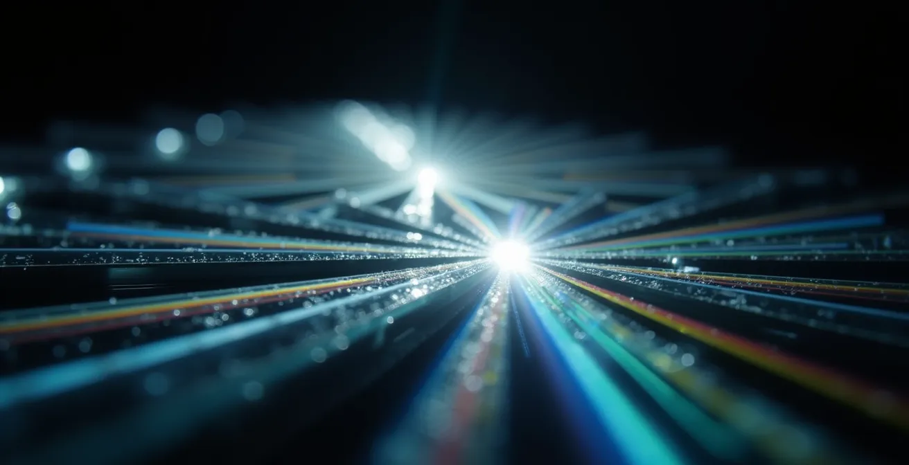 Eine abstrakte Darstellung verzerrter wissenschaftlicher Ergebnisse durch Lichtbrechung in Glasprismen.