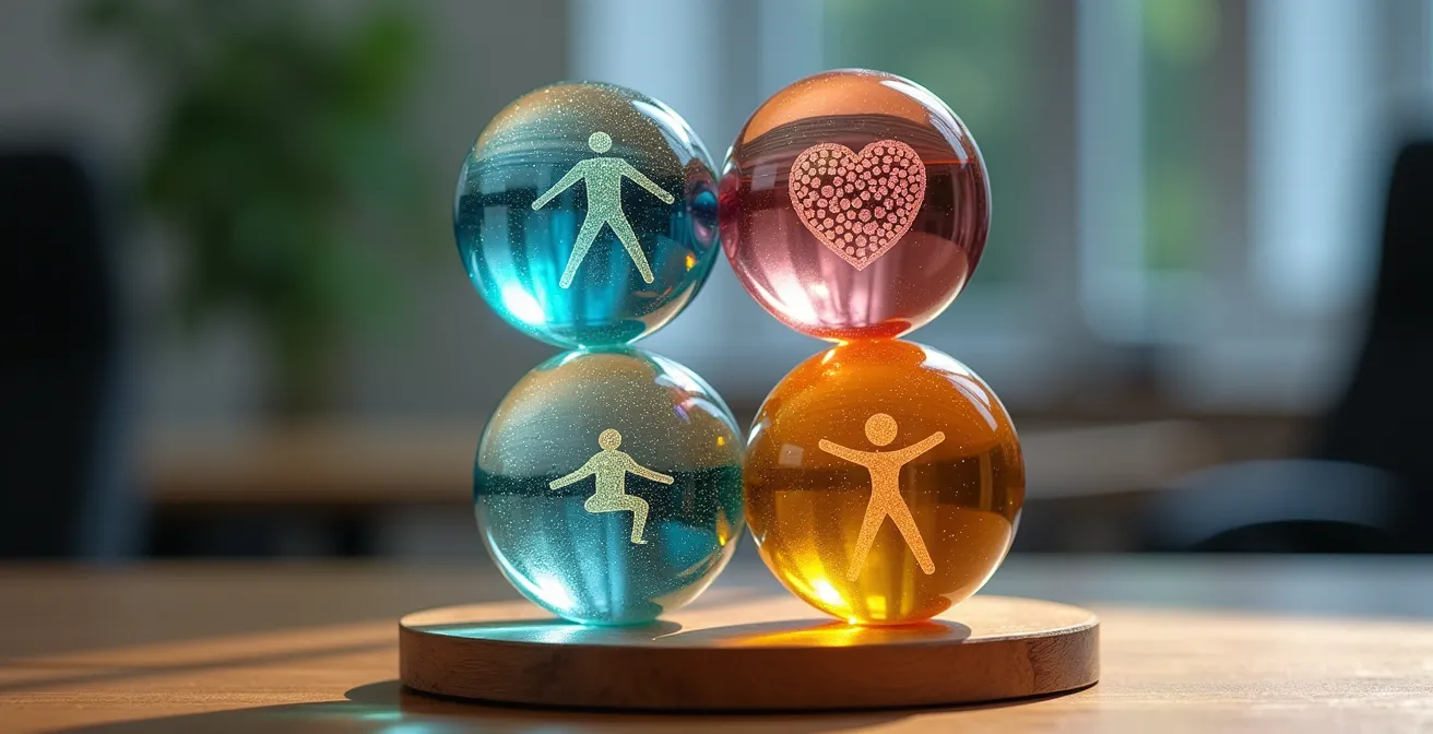 Visuelle Darstellung der vier Wellbeing-Dimensionen in einem modernen Arbeitskontext