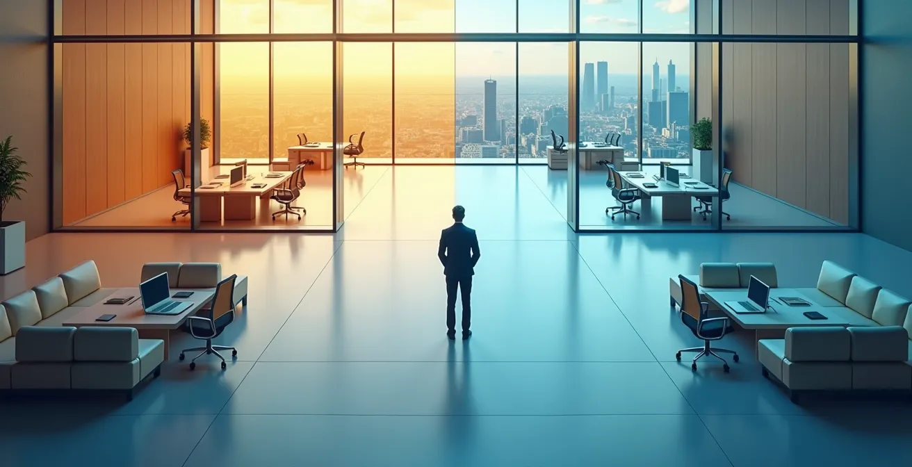 Visuelles Vier-Quadranten-Modell mit verschiedenen Bewertungskriterien für Karriereentscheidungen in vier atmosphärisch unterschiedlichen Zonen.