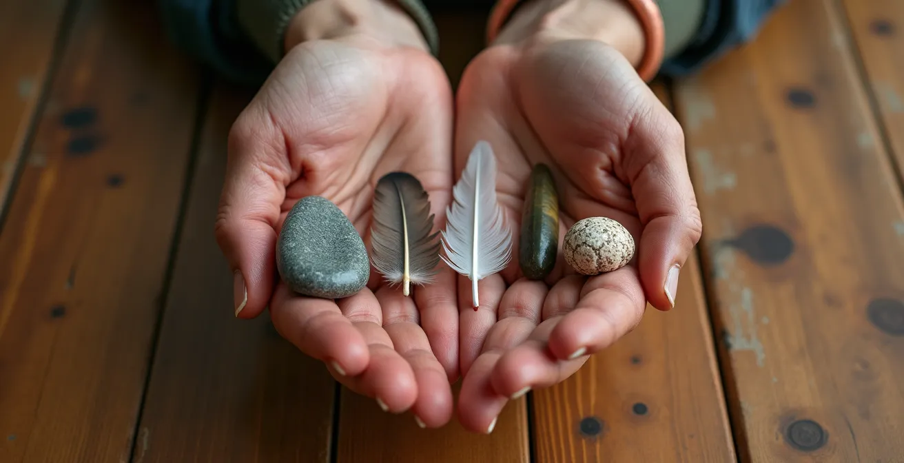 Nahaufnahme von Händen, die verschiedene symbolische Objekte für Werte halten