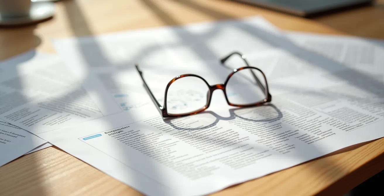 Eine abstrakte Visualisierung der kritischen Prüfung wissenschaftlicher Quellen, dargestellt durch Papiere in konzentrischen Kreisen auf einem Schreibtisch.