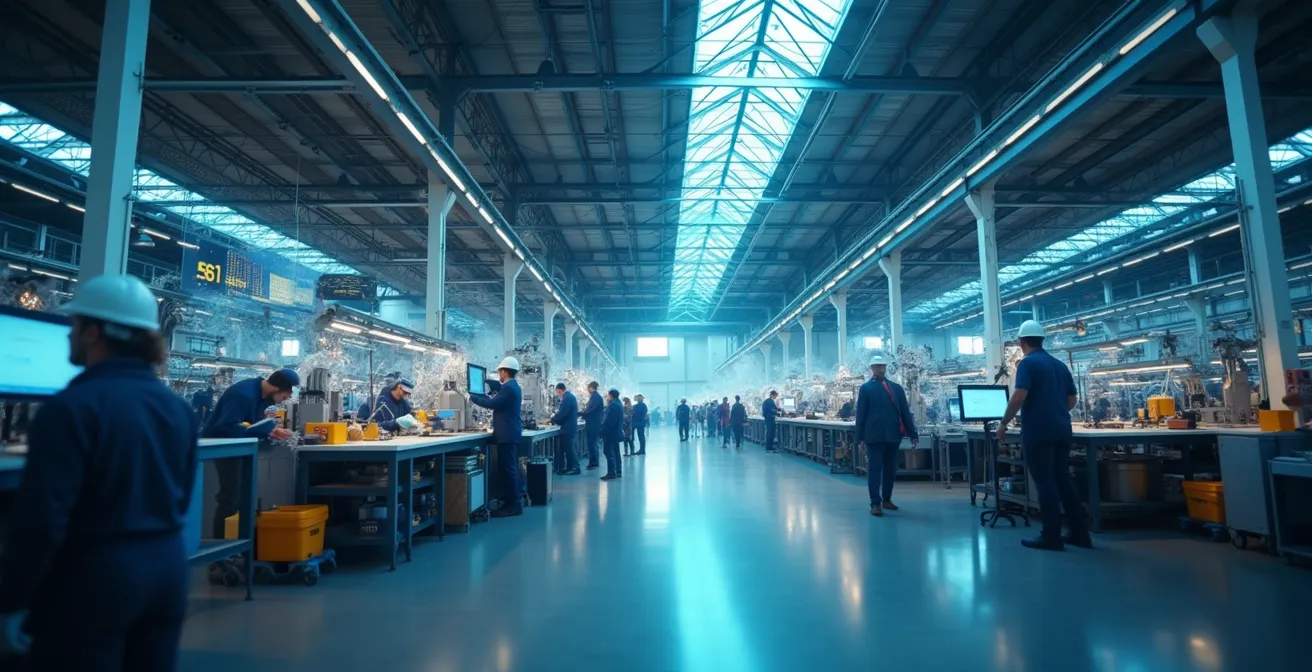 Weitwinkelansicht einer modernen Produktionshalle mit dezenten AR-Analytics-Visualisierungen, die Datenflüsse andeuten.