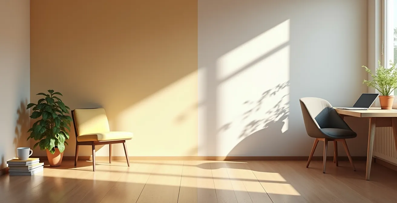 Visuelle Darstellung einer ausgewogenen Tagesroutine mit digitalen und analogen Elementen, die Balance zwischen Online- und Offline-Aktivitäten symbolisiert.