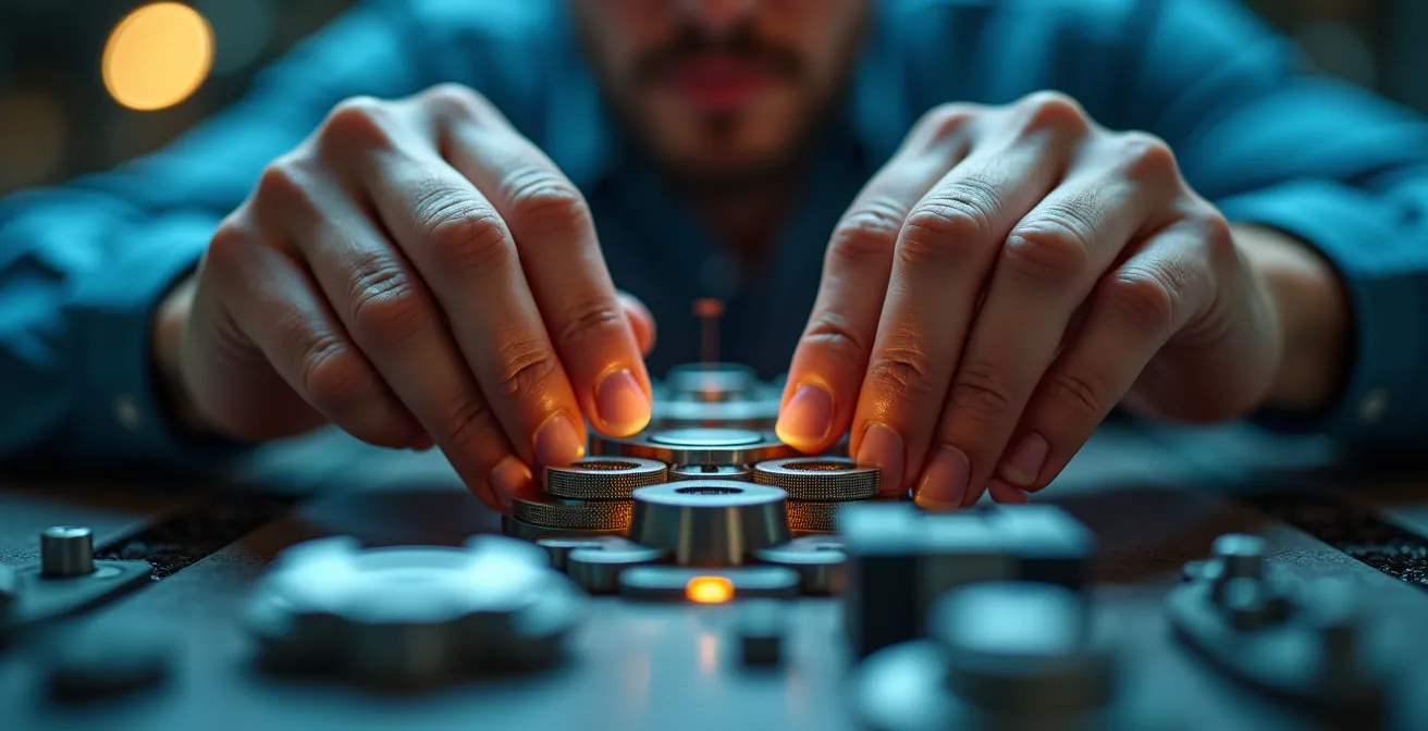 Nahaufnahme eines Arbeiters mit AR-Brille bei der Interaktion mit einem digitalen Zwilling an einer Industriemaschine.