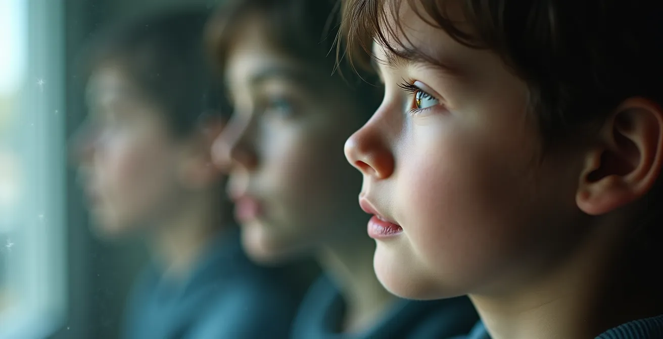 Metaphorische Darstellung des sozialen Vergleichs durch eine Person, die in mehrere verzerrte Spiegel blickt, was die Fragmentierung der Selbstwahrnehmung symbolisiert.