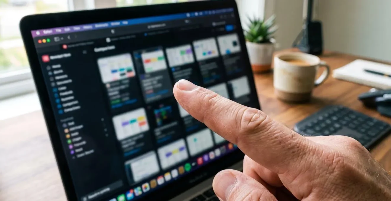 Nahaufnahme eines Zeigefingers, der auf einen Computerbildschirm mit unscharfer Vergleichsgrafik zeigt, moderner Schreibtisch mit natürlichem Seitenlicht