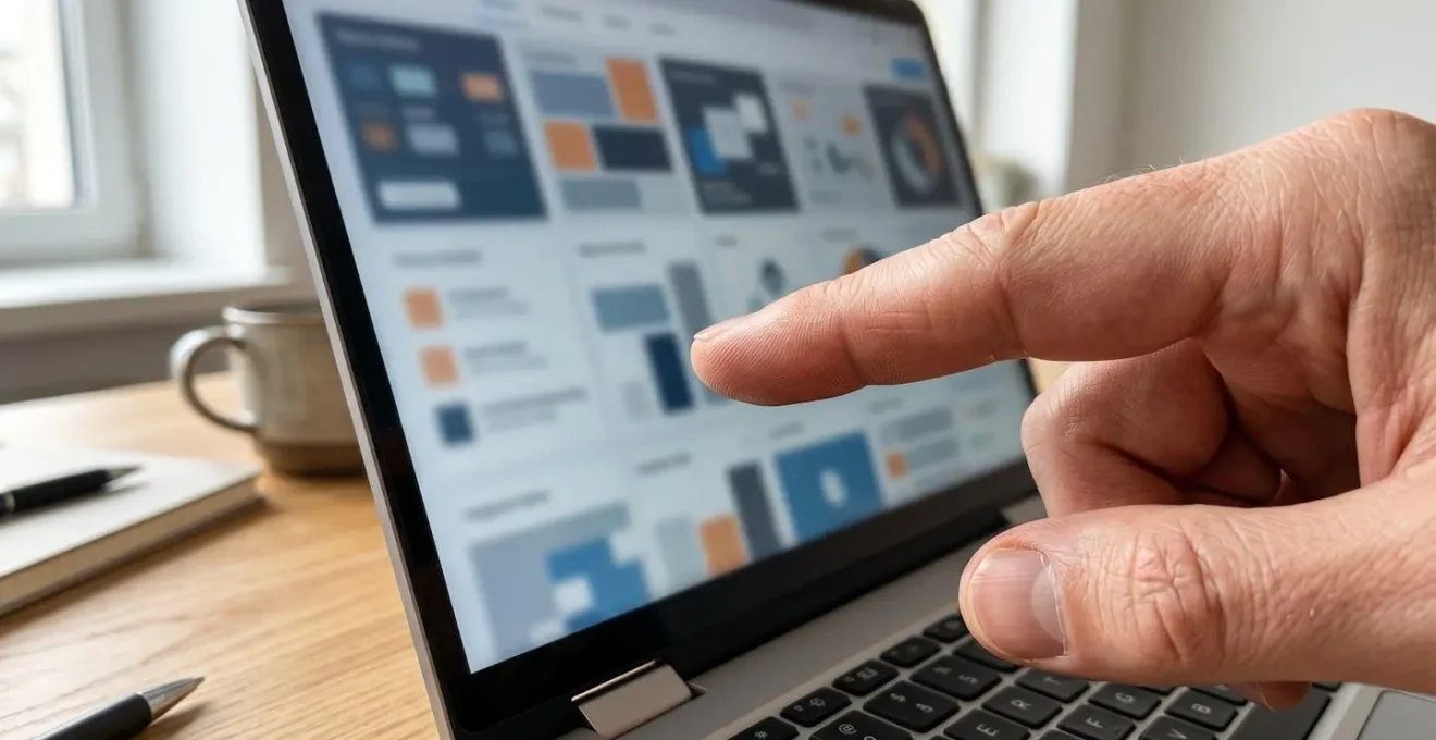 Nahaufnahme eines Zeigefingers, der auf einen Computerbildschirm mit unscharfer Vergleichsgrafik zeigt, moderner Schreibtisch mit natürlichem Seitenlicht