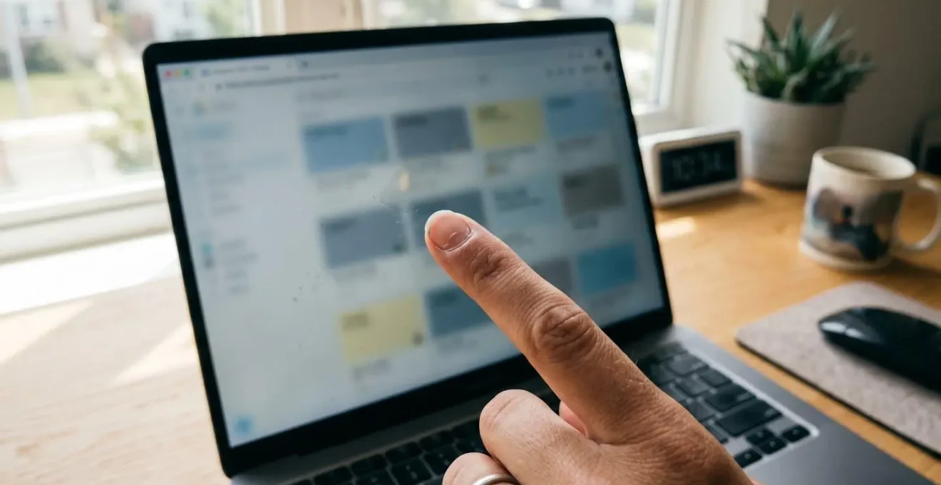 Nahaufnahme eines Zeigefingers, der auf einen Computerbildschirm mit unscharfer Vergleichsgrafik zeigt, moderner Schreibtisch mit natürlichem Seitenlicht