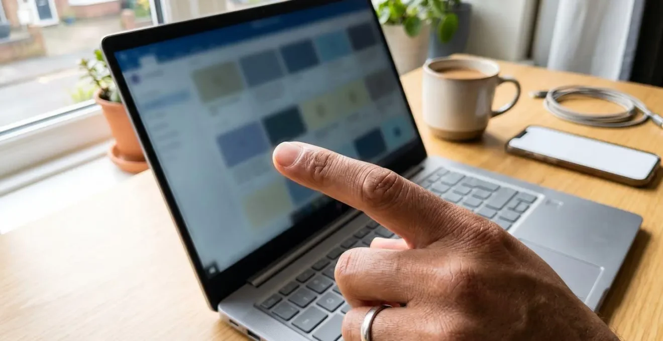 Nahaufnahme eines Zeigefingers, der auf einen Computerbildschirm mit unscharfer Vergleichsgrafik zeigt, moderner Schreibtisch mit natürlichem Seitenlicht