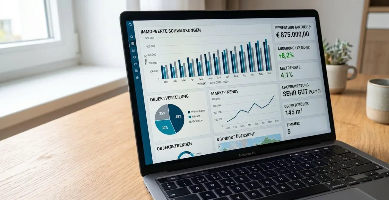 Extreme Nahaufnahme eines Laptop-Bildschirms mit unscharfen Immobilienbewertungsdaten und Diagrammen in modernem Büroumfeld