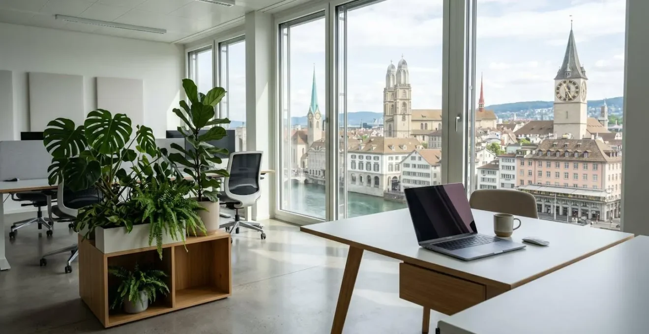 Weitwinkelaufnahme eines hellen, minimalistischen Büroraums mit geschlossenem Laptop auf weissem Schreibtisch, grüne Zimmerpflanzen links, Fenster mit Blick auf Zürcher Stadtarchitektur im Hintergrund, keine Personen im Vordergrund